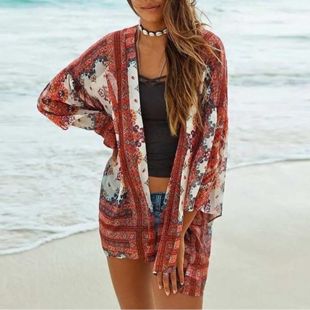 American Eagle Beach Cover Up Women Boho Floral Open Front Sheer Floral Kimono s
